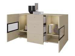 Buffet RAMOS 130 cm – Beige claro – LED multicolor integrada – 2 puertas con vidrio y 3 cajones