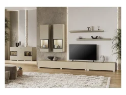 Buffet RAMOS 130 cm – Beige claro – LED multicolor integrada – 2 puertas con vidrio y 3 cajones