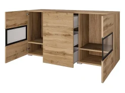 Buffet RAMOS 130 cm – Roble dorado y negro – 2 puertas con cristal y 3 cajones – Sin LED