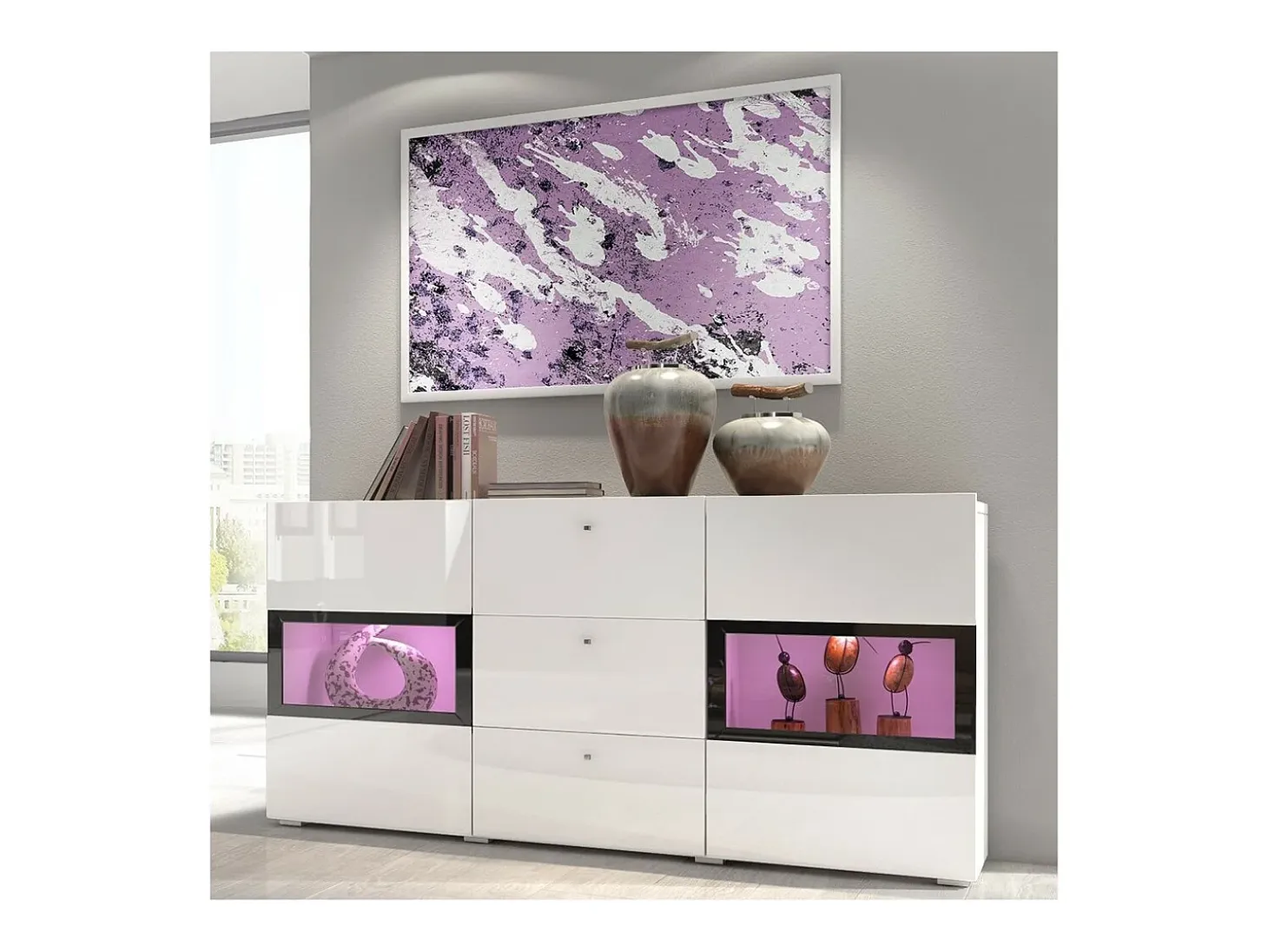 Buffet RAMOS – Color en blanco brillante y negro – LED multicolor integrados - 2 puertas acristaladas + 3 cajones