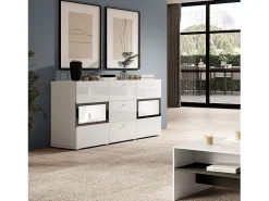Buffet RAMOS – Color en blanco brillante y negro – LED multicolor integrados - 2 puertas acristaladas + 3 cajones