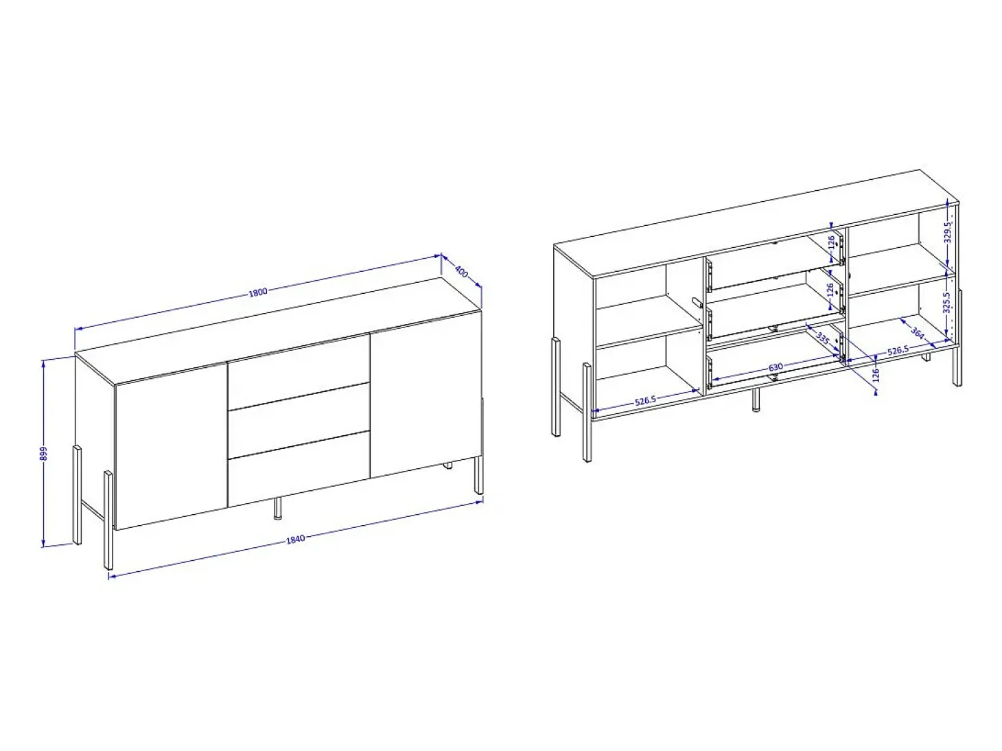 Buffet SALMA 2 puertas & 3 cajones Push-to-Open – Blanco Super Mate & Negro Mate, 184×90×40 cm