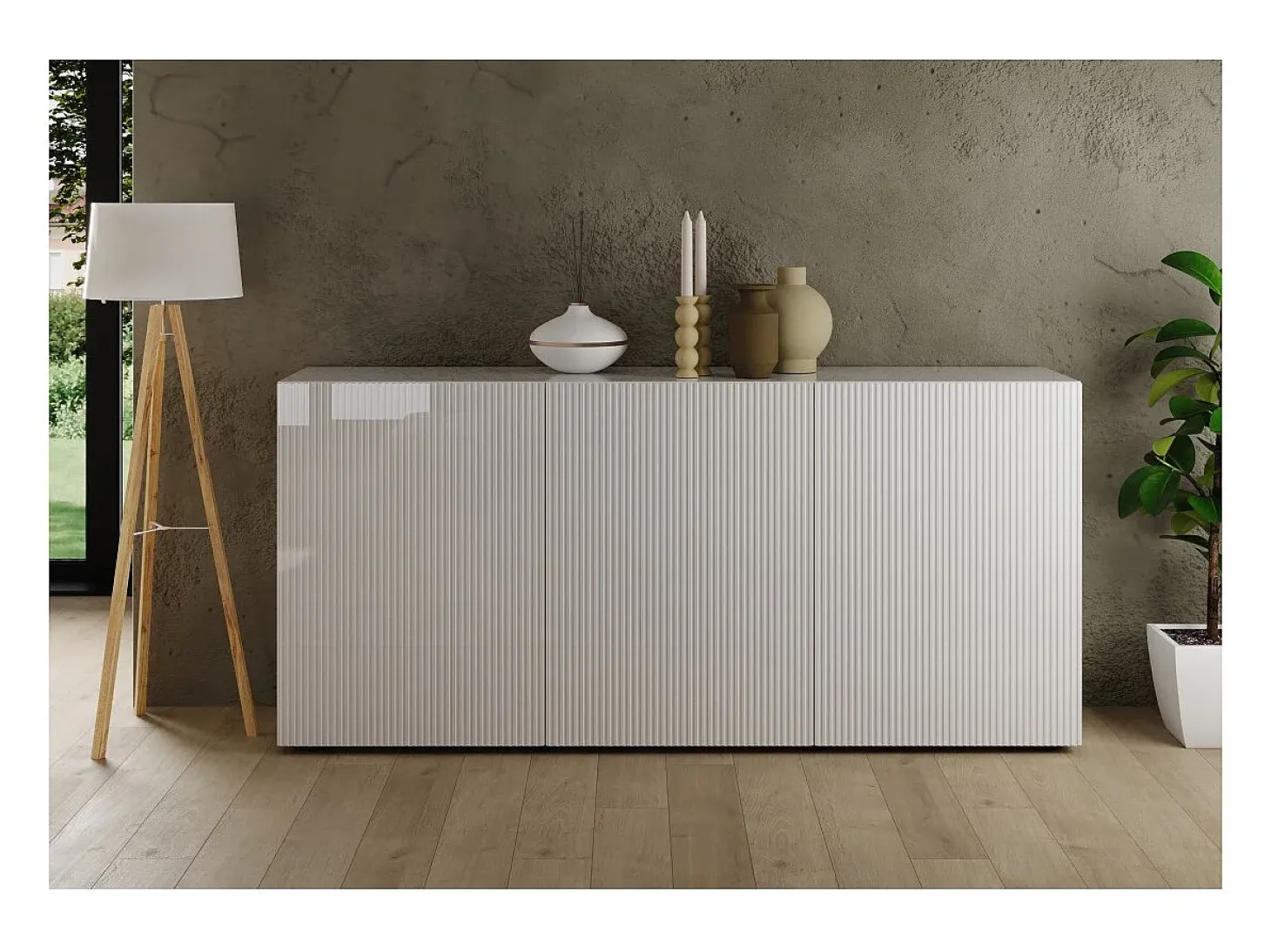 Buffet SCENA – L181 x H84 x P42 cm – 3 puertas – Blanco lacado brillante