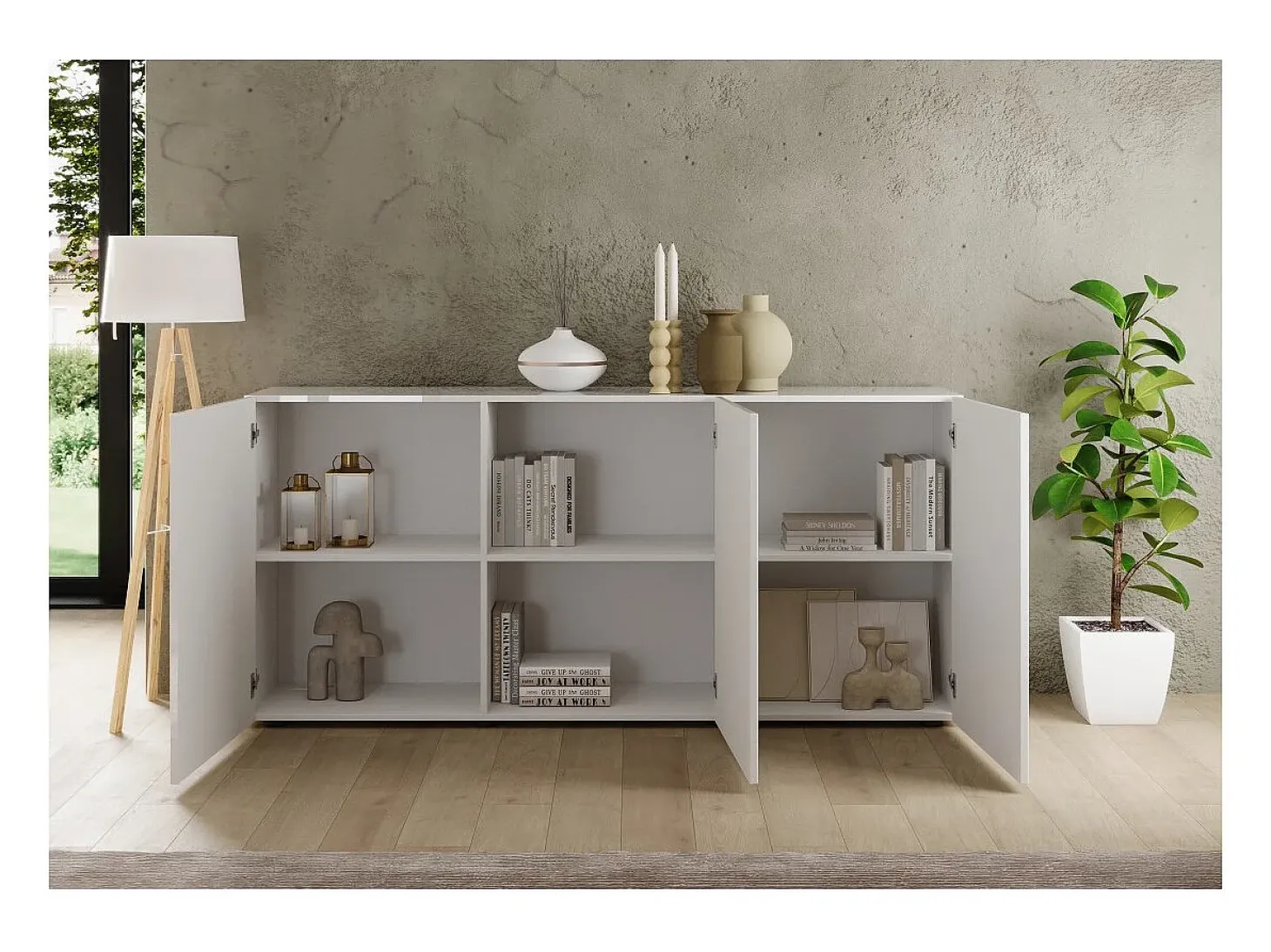 Buffet SCENA – L181 x H84 x P42 cm – 3 puertas – Blanco lacado brillante