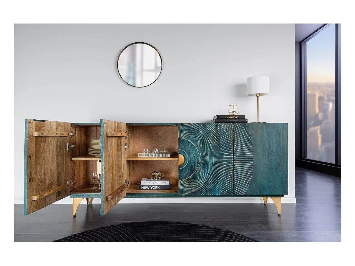 Buffet SOLARIS 180 cm en madera maciza tallada azul y dorada – 4 puertas