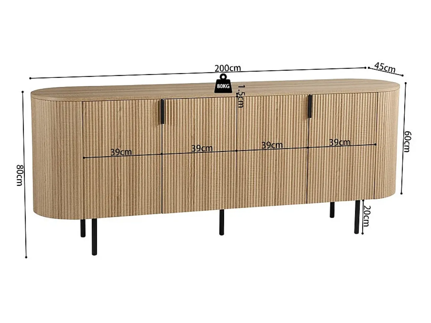 Buffet VAGOS – Color roble natural – 4 puertas – 200 cm – Gran aparador moderno – Almacenamiento espacioso
