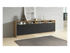 Buffet XL 240cm colección VILLA. Color roble y negro. 4 puertas y 4 nichos.