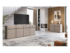 Buffet XL coloris beige et noir 225cm collection HAVANA. Aparador de diseño con 4 puertas y 4 cajones.