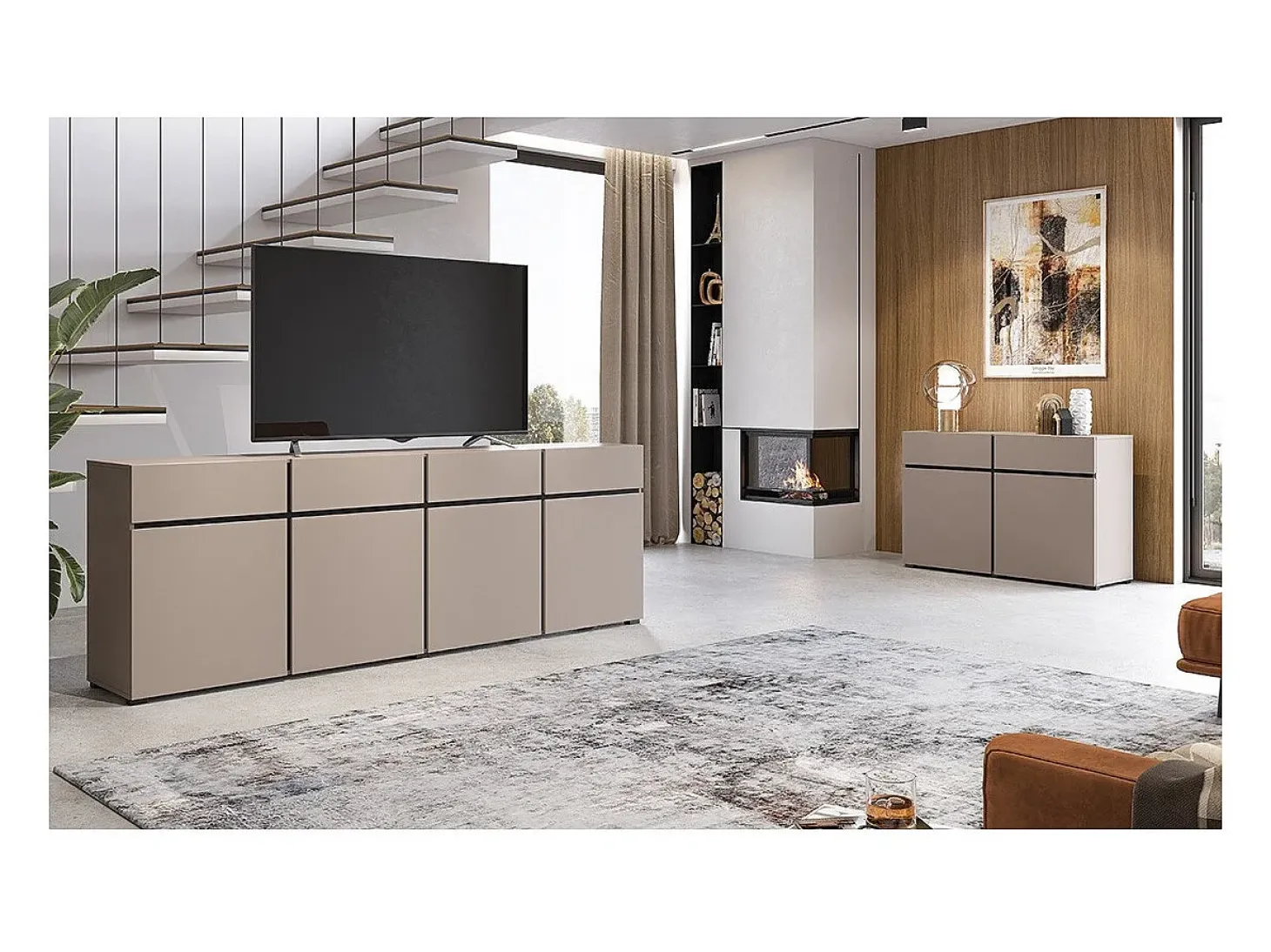 Buffet XL coloris beige et noir 225cm collection HAVANA. Aparador de diseño con 4 puertas y 4 cajones.