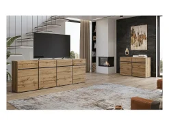 Buffet XL coloris chêne et noir 225cm collection HAVANA. Aparador de diseño con 4 puertas y 4 cajones.