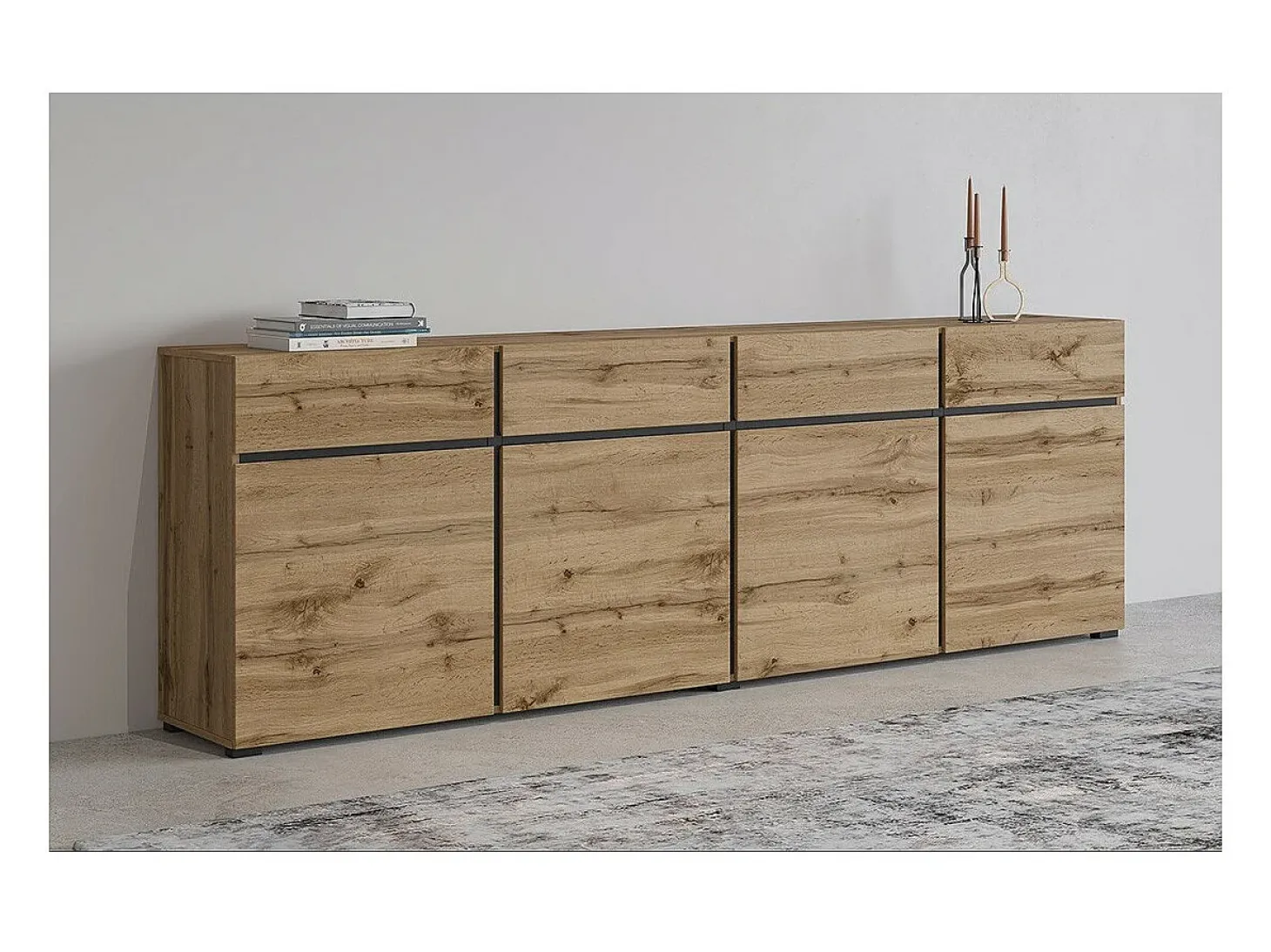 Buffet XL coloris chêne et noir 225cm collection HAVANA. Aparador de diseño con 4 puertas y 4 cajones.