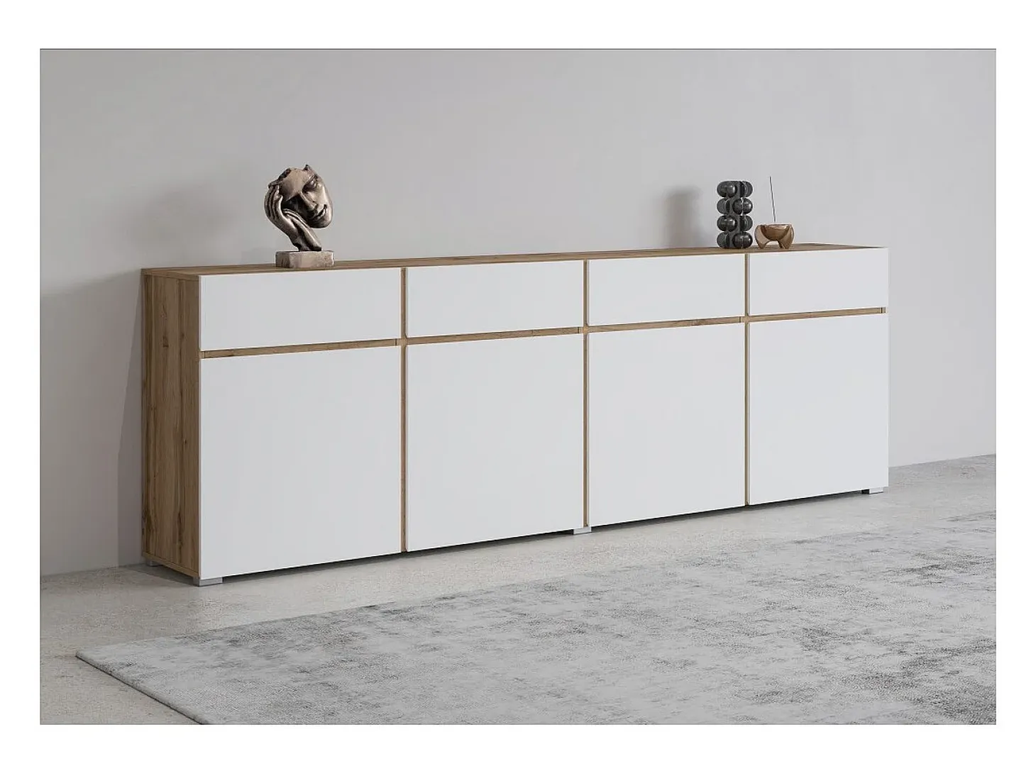 Buffet XL HAVANA – 225 cm – 4 puertas y 4 cajones – Roble y blanco – Diseño moderno sin tiradores