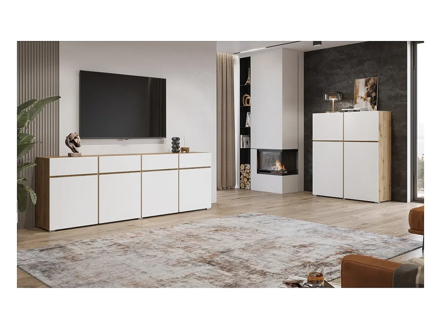 Buffet XL HAVANA – 225 cm – 4 puertas y 4 cajones – Roble y blanco – Diseño moderno sin tiradores
