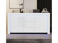 Buffet 140x40x65 cm - 3 cajones y 2 puertas - con iluminación LED - Acabado brillante - Blanco