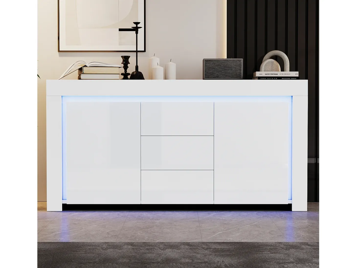Buffet 140x40x65 cm - 3 cajones y 2 puertas - con iluminación LED - Acabado brillante - Blanco