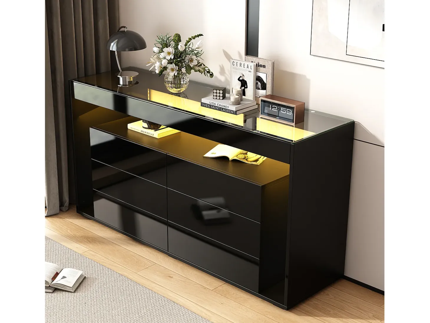 Buffet 140x40x70 cm - con 6 cajones grandes - con LED - negro
