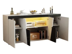 Buffet 140x40x65 cm - con 4 puertas - con iluminación LED - Paneles de partículas - Blanco + Negro