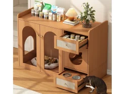 Buffet 120x45x83cm - 2 cuencos para gato - 2 cajones y 2 puertas - natural