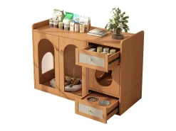 Buffet 120x45x83cm - 2 cuencos para gato - 2 cajones y 2 puertas - natural