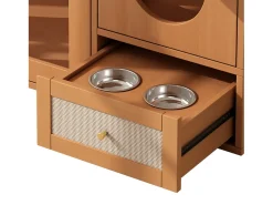 Buffet 120x45x83cm - 2 cuencos para gato - 2 cajones y 2 puertas - natural