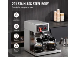 Cafetera de Filtro SucceBuy Comercial 12 Tazas con 3 Jarras y Placas Calefactoras, Toma de Agua Automática para Restaurante, Oficina, Cafetería
