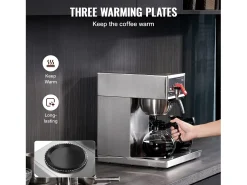Cafetera de Filtro SucceBuy Comercial 12 Tazas con 3 Jarras y Placas Calefactoras, Toma de Agua Automática para Restaurante, Oficina, Cafetería