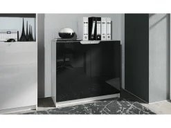 Cajonera Logan, Cómoda con 2 Puertas, blanco mate/negro de alto brillo (82 x 78 x 37 cm)