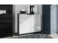 Cajonera Logan, Cómoda con 2 Puertas, negro mate/blanco de alto brillo (82 x 78 x 37 cm)