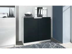 Cajonera Logan, Cómoda con 2 Puertas, blanco mate/negro mate (82 x 78 x 37 cm)