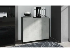 Cajonera Logan, Cómoda con 2 Puertas, negro mate/hormigón oxidado (82 x 78 x 37 cm)