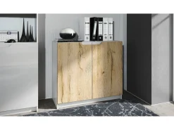 Cajonera Logan, Cómoda con 2 Puertas, blanco mate/roble natural (82 x 78 x 37 cm)