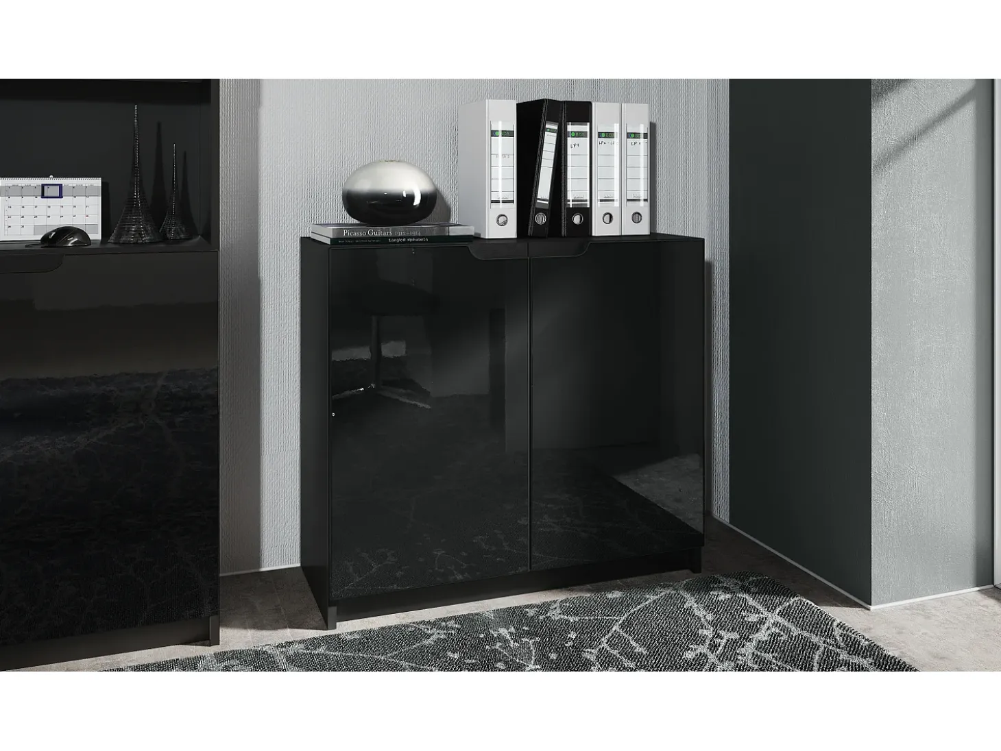 Cajonera Logan, Cómoda con 2 Puertas, negro mate/negro de alto brillo (82 x 78 x 37 cm)