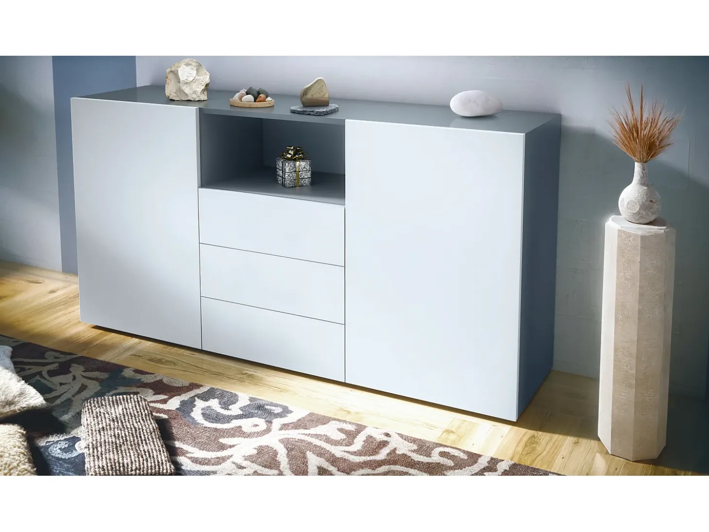 Cajonera Skadu Neo, Cómoda con 2 Puertas, 3 Cajones y 1 Compartimento abierto, antracita mate/blanco mate (138,5 x 71,5 x 35 cm)