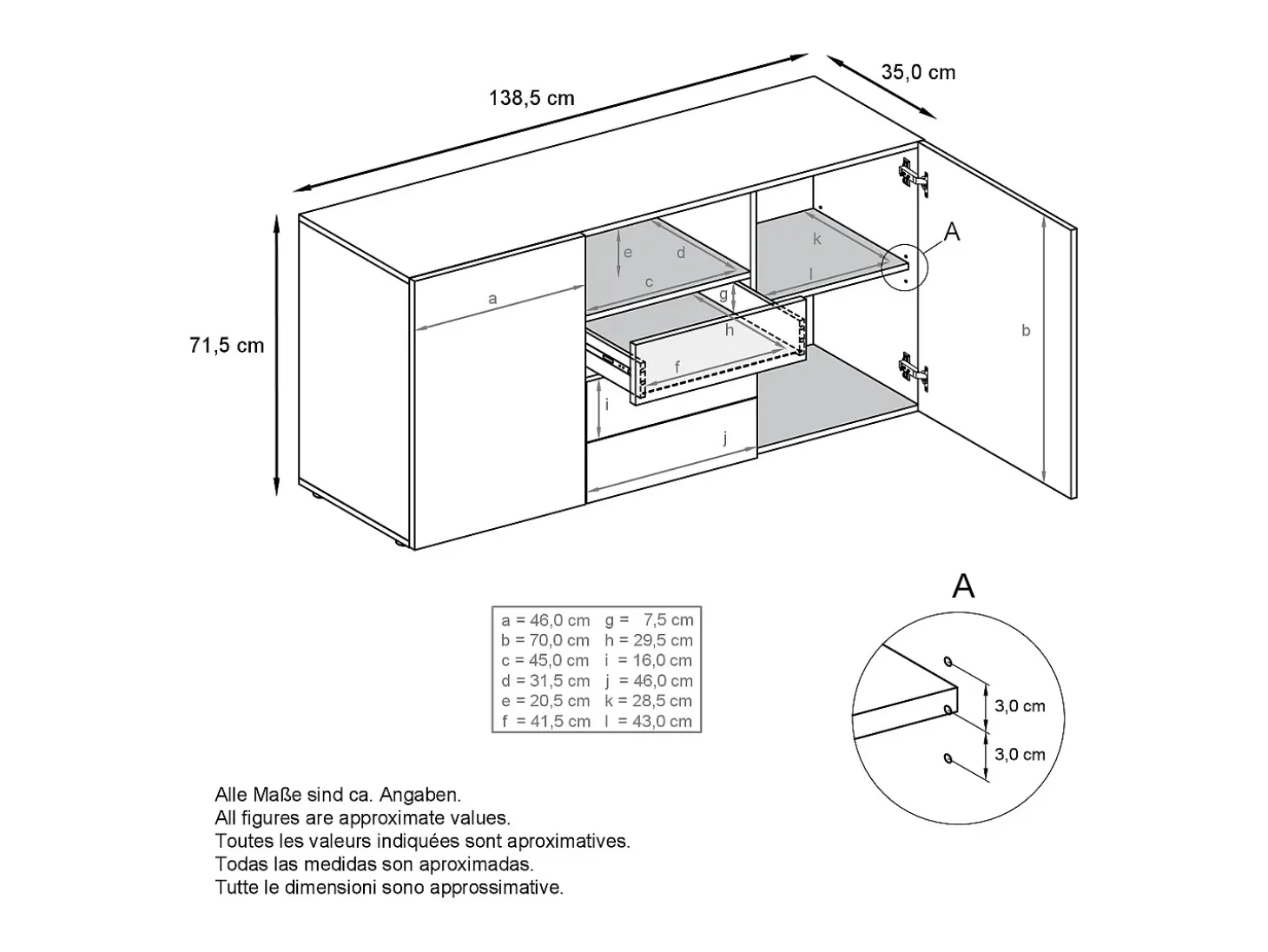 Cajonera Skadu Neo, Cómoda con 2 Puertas, 3 Cajones y 1 Compartimento abierto, antracita mate/blanco mate (138,5 x 71,5 x 35 cm)