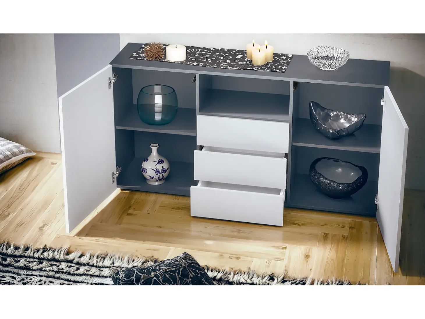 Cajonera Skadu Neo, Cómoda con 2 Puertas, 3 Cajones y 1 Compartimento abierto, antracita mate/blanco mate (138,5 x 71,5 x 35 cm)
