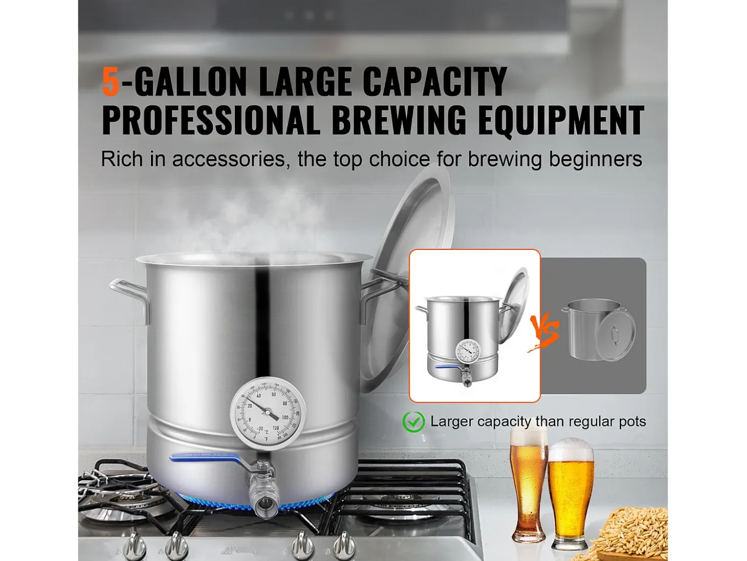 Caldera de Elaboración de Cerveza SucceBuy de Acero Inoxidable de 19L, Hervidor de Fondo Triple, Suministros de Elaboración de Cerveza Casera, Tapa, Termómetro