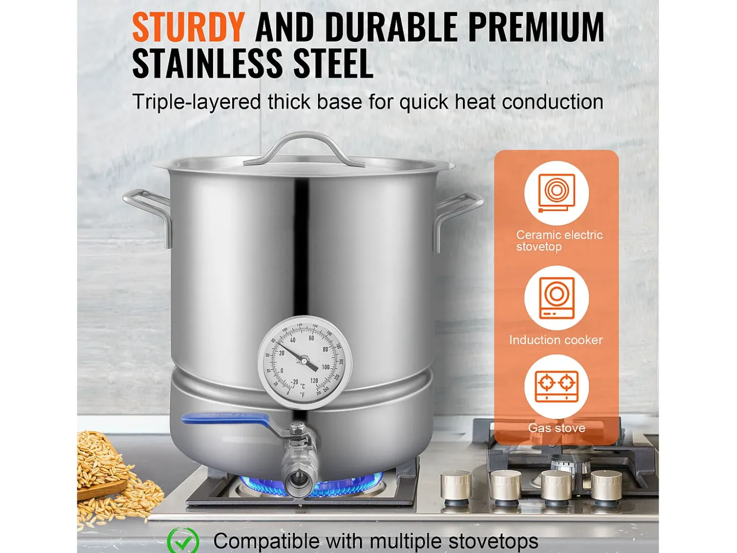 Caldera de Elaboración de Cerveza SucceBuy de Acero Inoxidable de 19L, Hervidor de Fondo Triple, Suministros de Elaboración de Cerveza Casera, Tapa, Termómetro