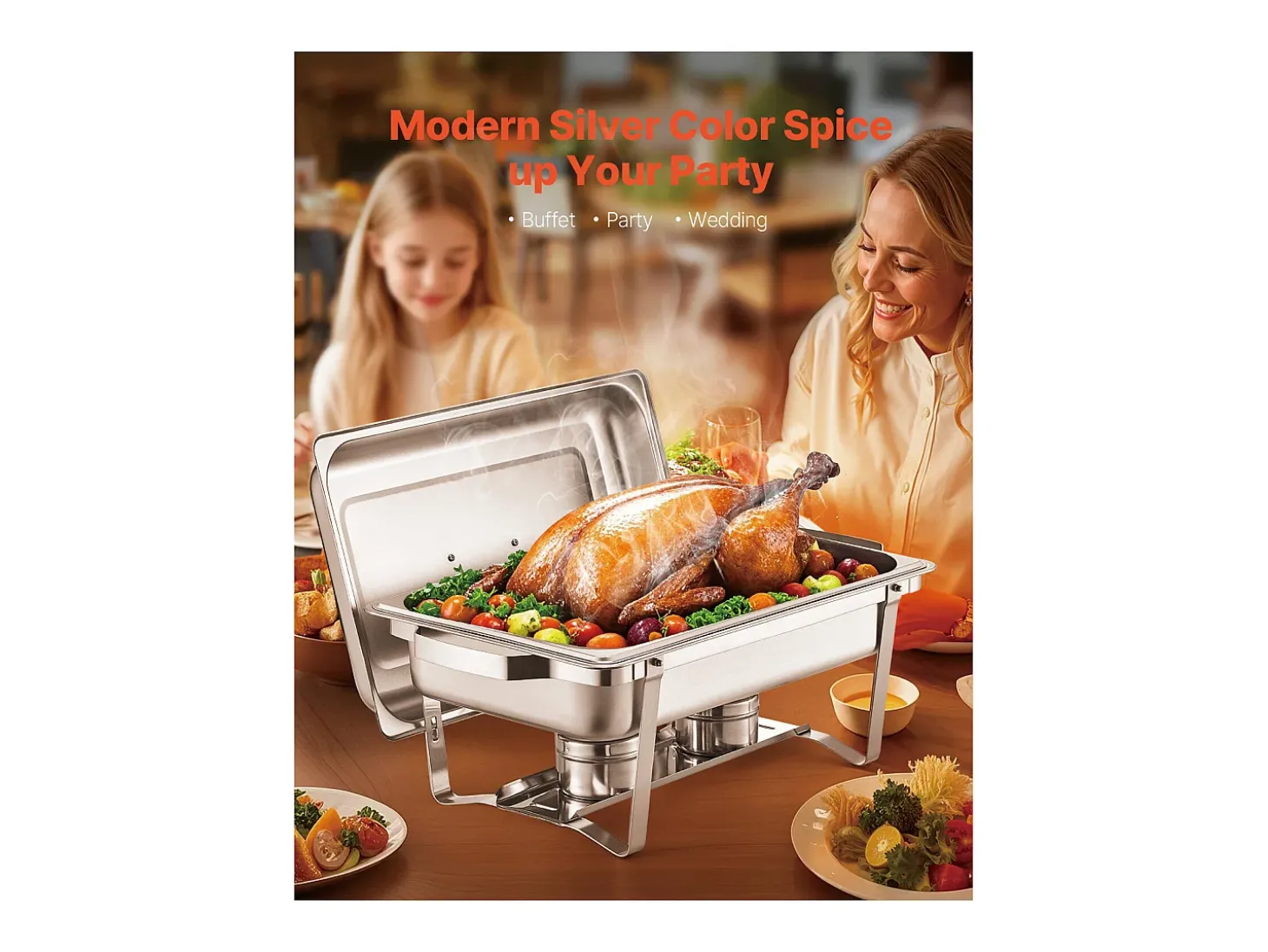 Calentadores de Comida SucceBuy Juego de Platos Calentadores Rectangulares de 4 Piezas de 7.5 L, Acero Inoxidable