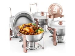 Calentadores de Comida SucceBuy Juego de 4 Calentadores de Bufé Redondos de 4.7 L, con Tapa, con 4 Cuencos de Gran Capacidad, Tapa y Pinzas, Ideal para Bufés
