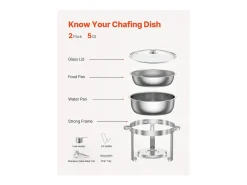 Calentadores de Comida SucceBuy Juego de 2 Platos de Calentamiento Redondos de Acero Inoxidable para Bufé, de 4.7 L con Cacerolas de Tamaño Completo
