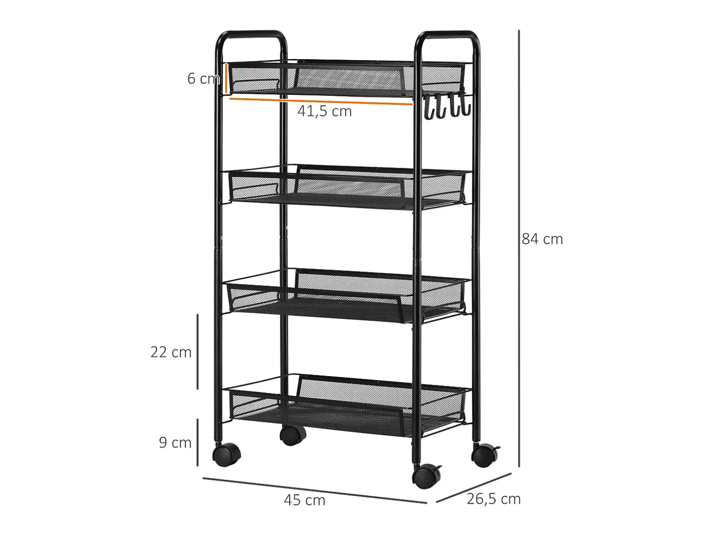 Carrito auxiliar Blum Homcom 4 niveles + ganchos + ruedas negro 84x45x26,5 cm