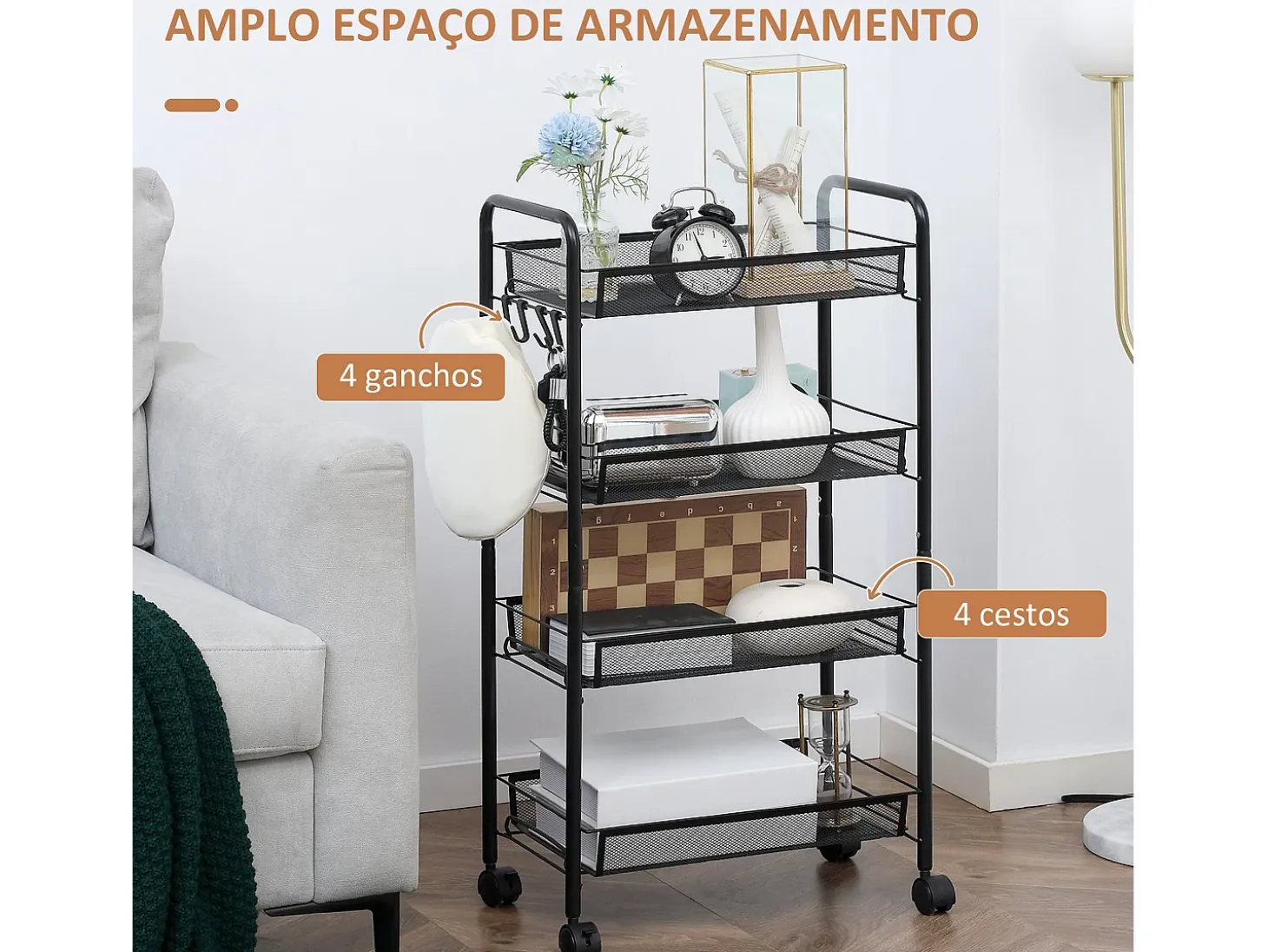 Carrito auxiliar Blum Homcom 4 niveles + ganchos + ruedas negro 84x45x26,5 cm