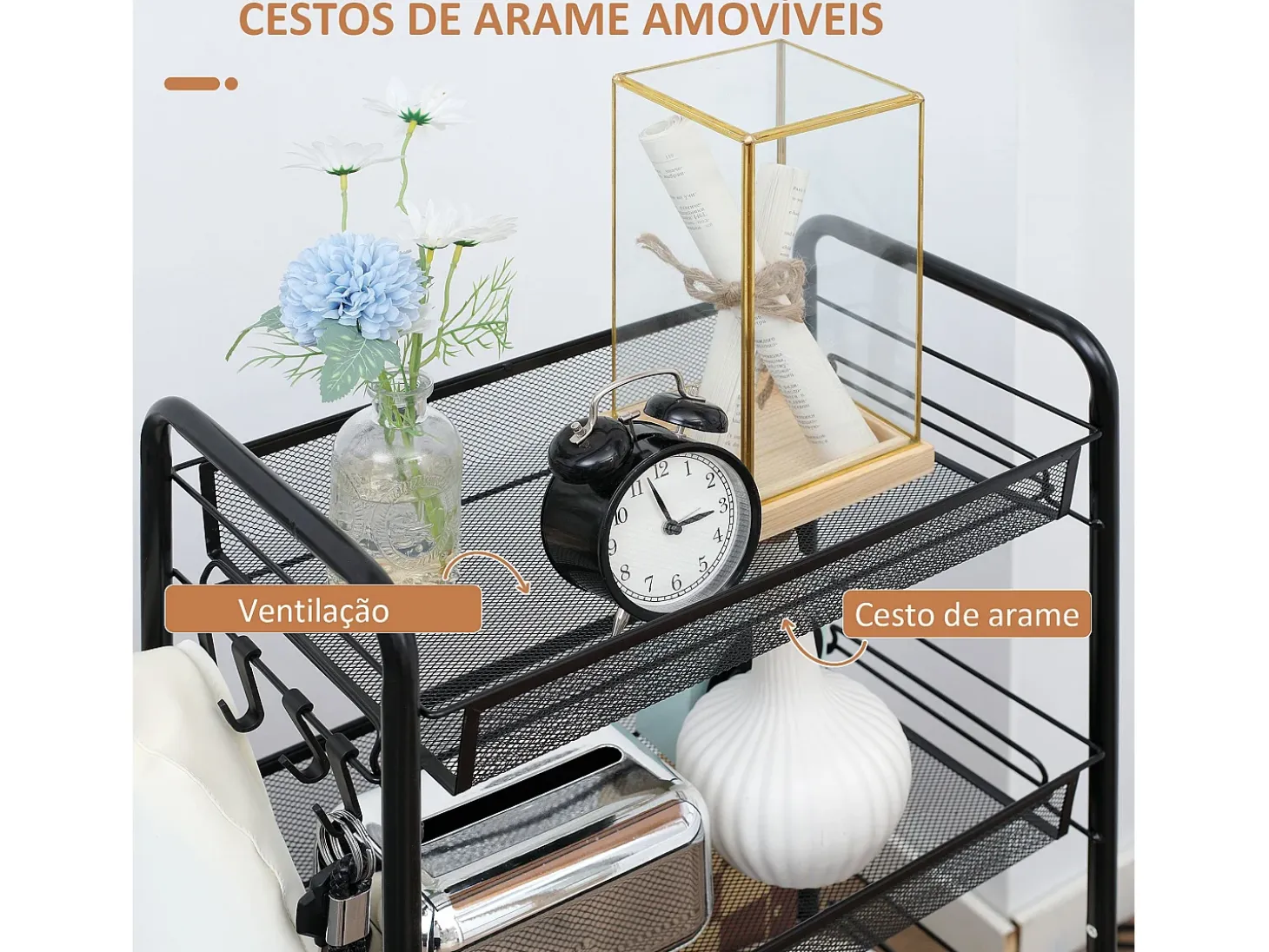 Carrito auxiliar Blum Homcom 4 niveles + ganchos + ruedas negro 84x45x26,5 cm