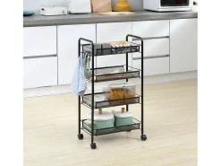 Carrito auxiliar Blum Homcom 4 niveles + ganchos + ruedas negro 84x45x26,5 cm