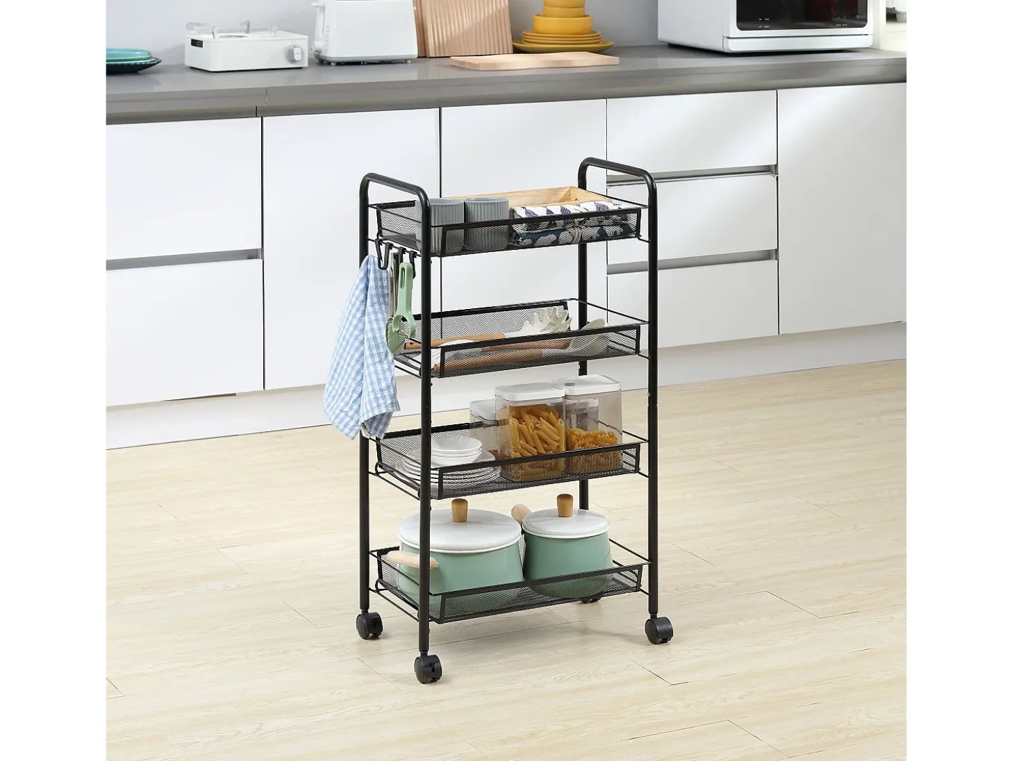 Carrito auxiliar Blum Homcom 4 niveles + ganchos + ruedas negro 84x45x26,5 cm