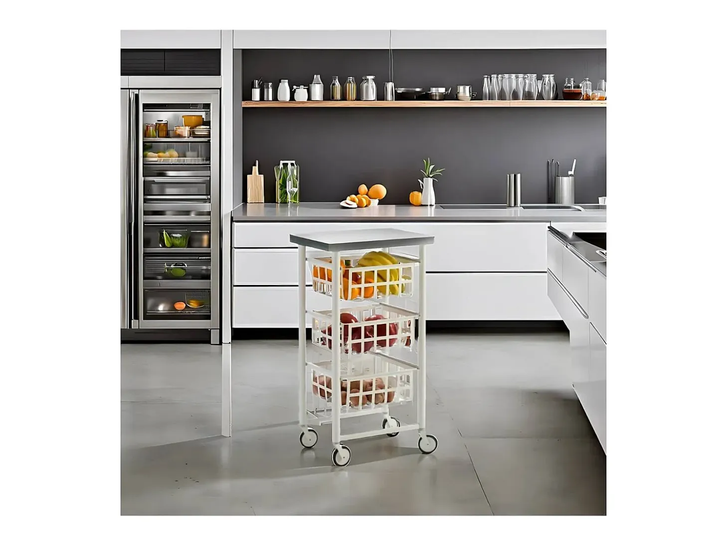 Carrito auxiliar FIFTY-FIFTY con 3 cestas metálicas, encimera de acero inoxidable y ruedas. Diseño moderno y funcionalidad