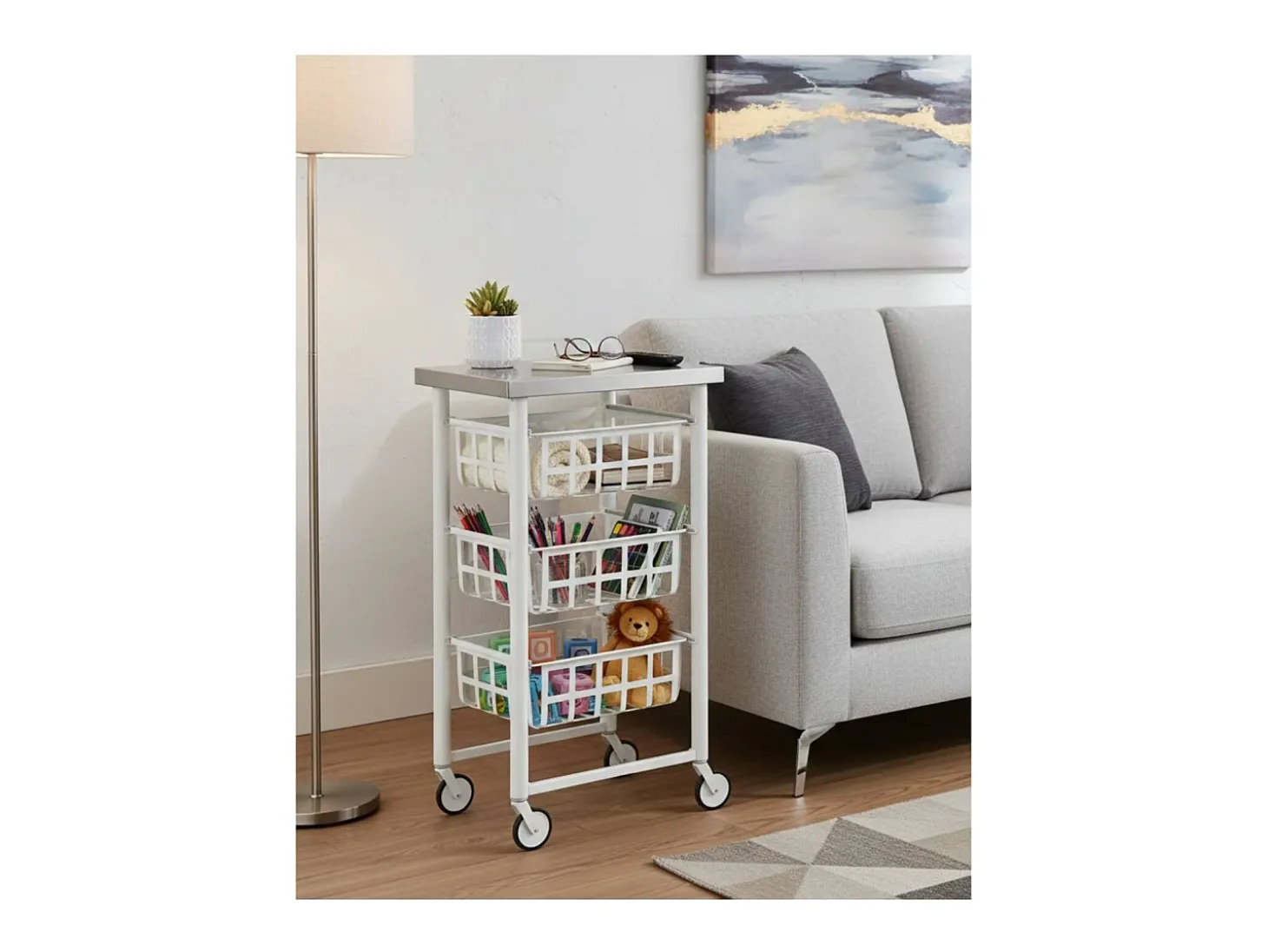 Carrito auxiliar FIFTY-FIFTY con 3 cestas metálicas, encimera de acero inoxidable y ruedas. Diseño moderno y funcionalidad