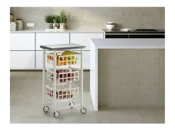 Carrito auxiliar FIFTY-FIFTY con 3 cestas metálicas, encimera de acero inoxidable y ruedas. Diseño moderno y funcionalidad