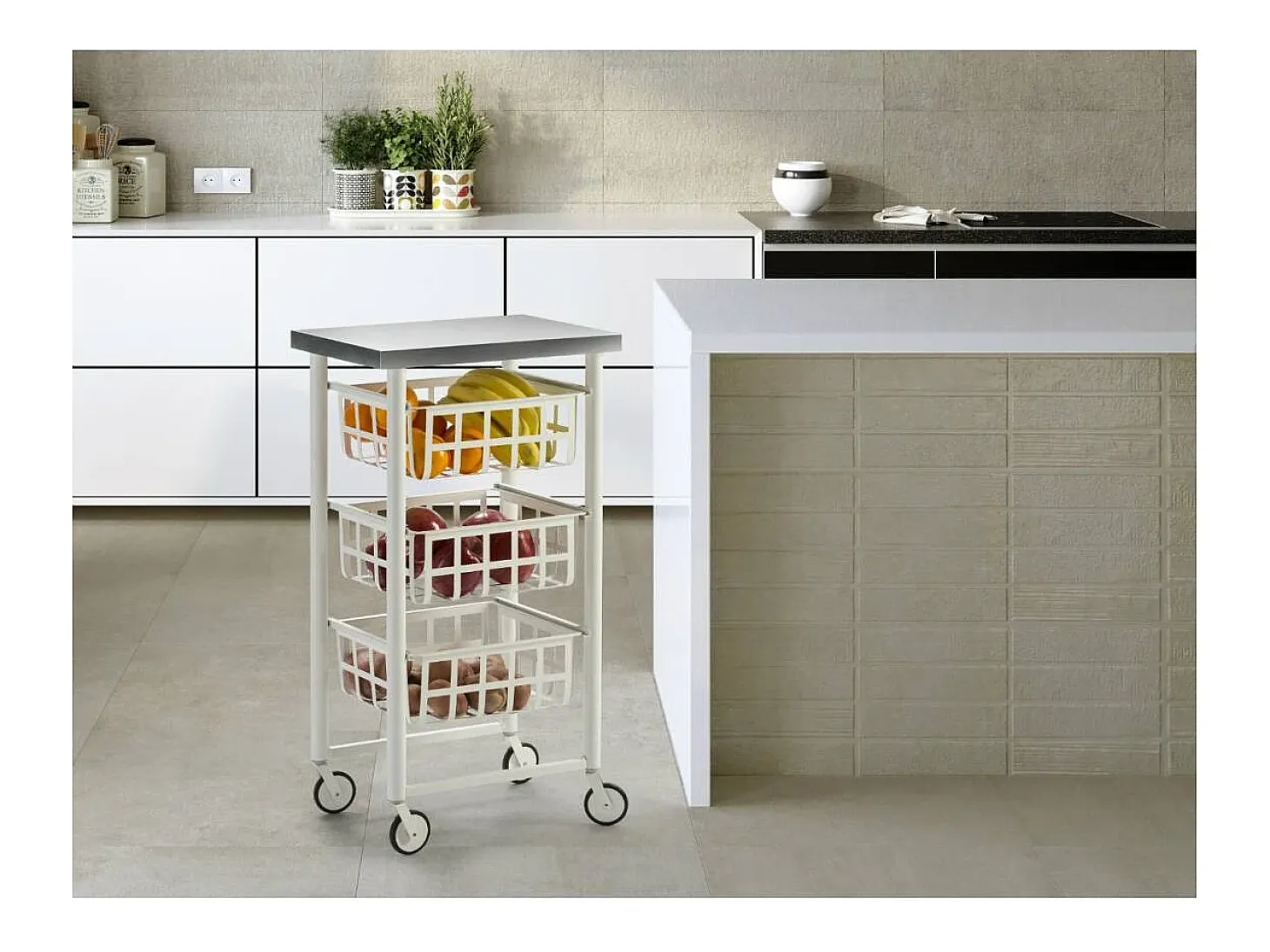Carrito auxiliar FIFTY-FIFTY con 3 cestas metálicas, encimera de acero inoxidable y ruedas. Diseño moderno y funcionalidad