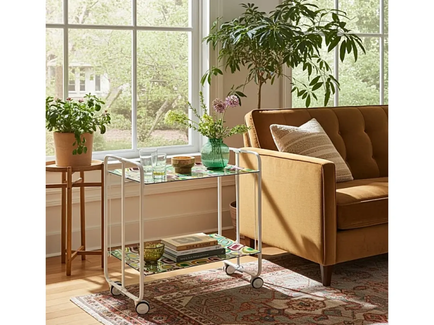 Carrito auxiliar plegable con ruedas - Estructura metálica blanca, 2 estantes laminados Decorado Vintage 5 – 72*66*43 cm - BAUHAUS